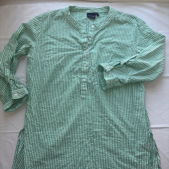 Madison Mathews Green White Seersucker Cotton Tunic CoverUp Button Down Size L - Picture 1 of 8
